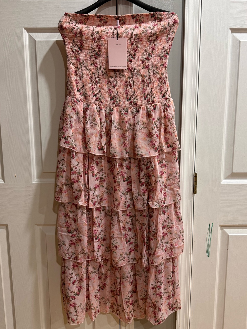 Avec Les Filles Mixed Print Strapless Tiered Maxi Dress Midi Dress Pink